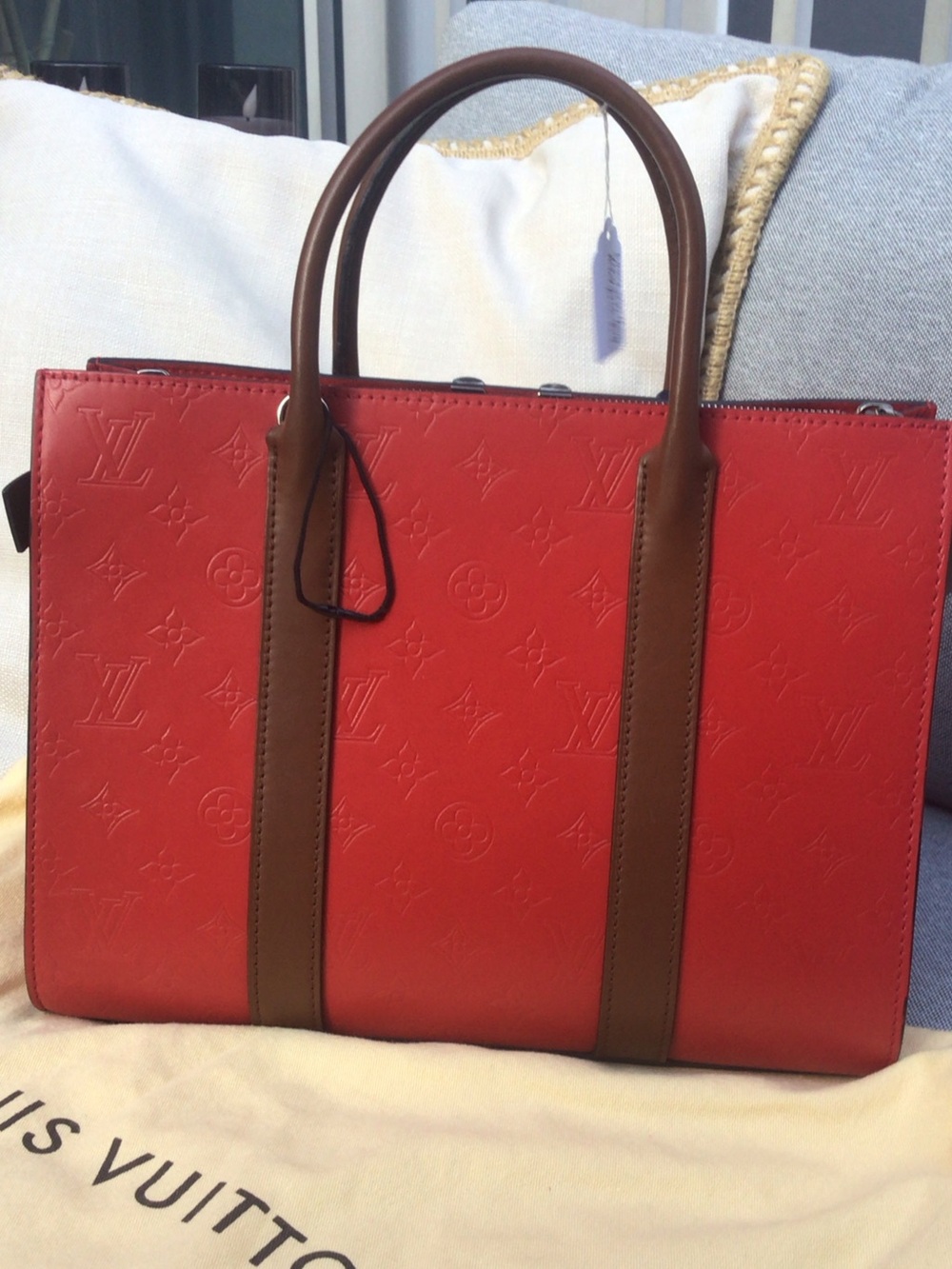 Louis Vuitton Red and Brown Leather Satchel with Navy Tag - Picture 3 of 7